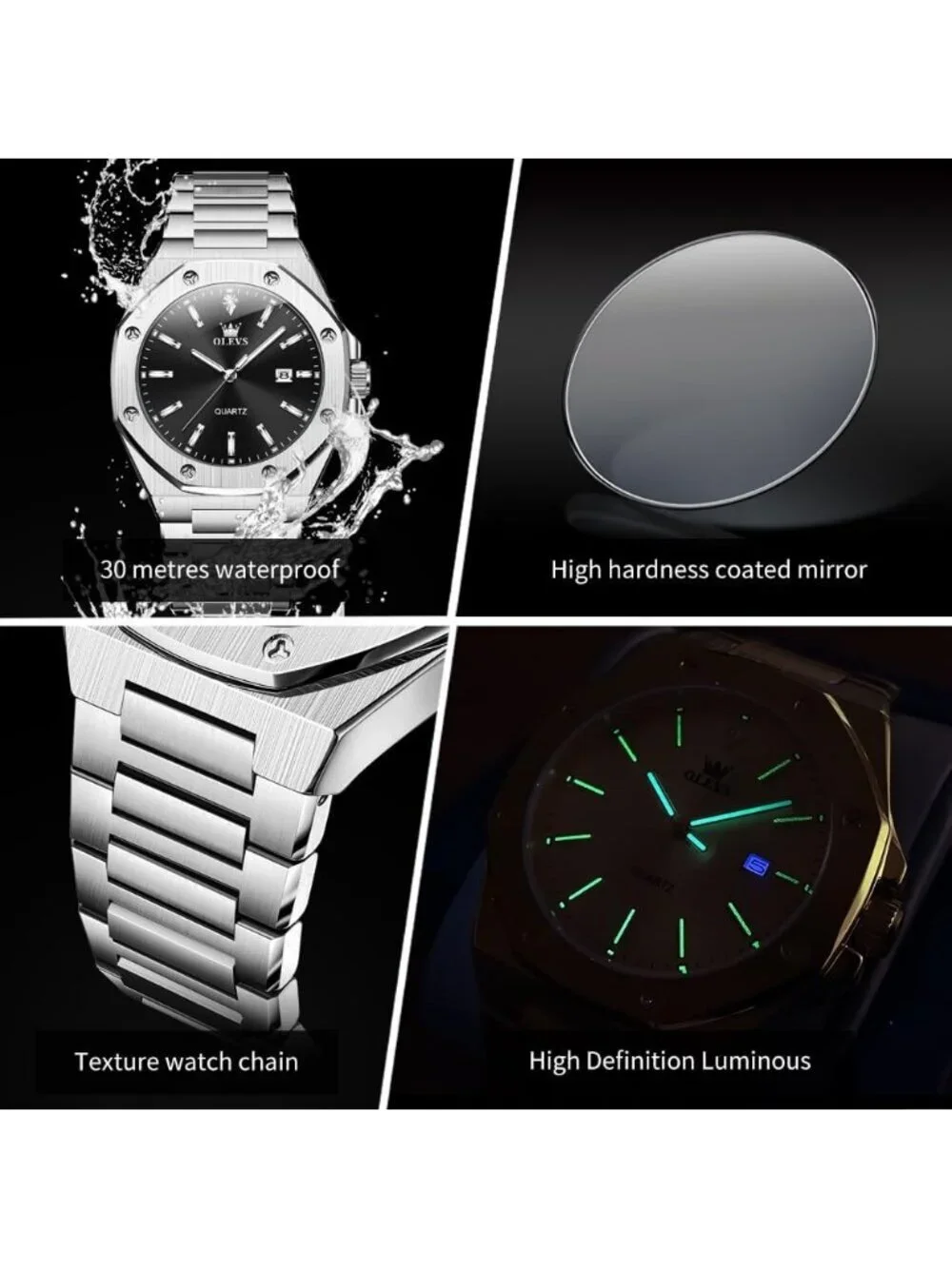 Men's Silver Black Luxury Stainless Steel Octagon Analog Quartz Waterproof Watch